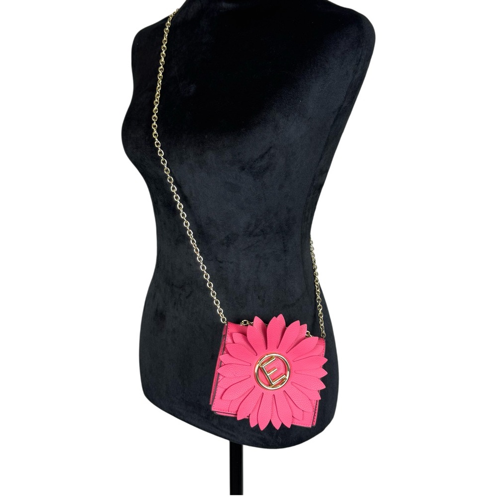 Pink Micro Purse Large Flower Embellishment Gold Accents, “E” And Chain 5x4” - Picture 2 of 12